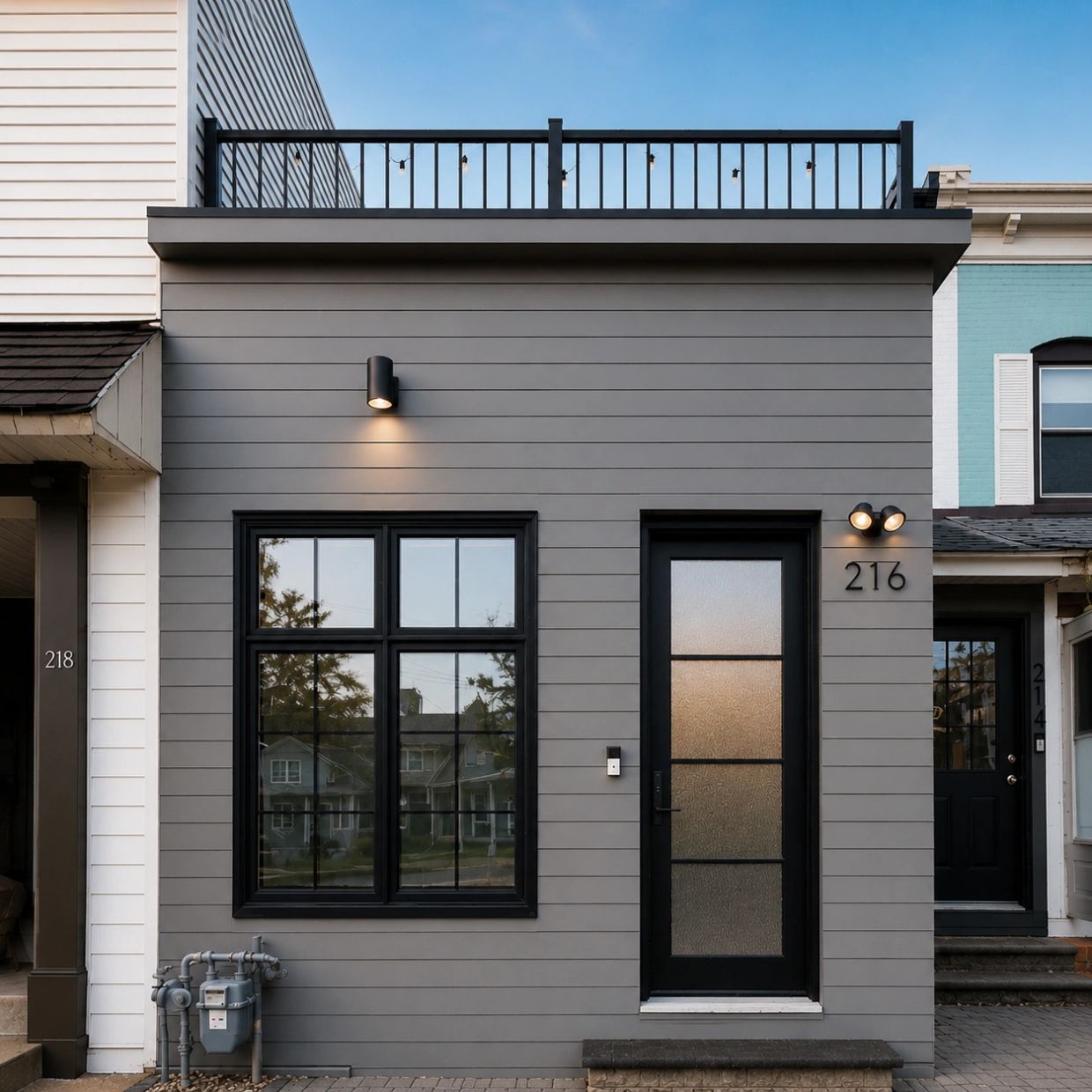 Modern gray house facade with black trim and frosted door.