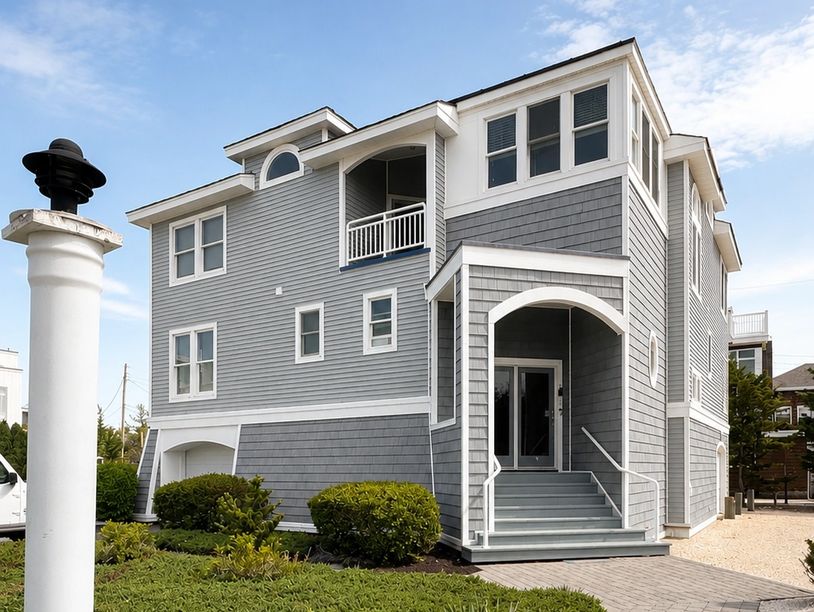 Gray house with clean landscaping and a clear blue sky.