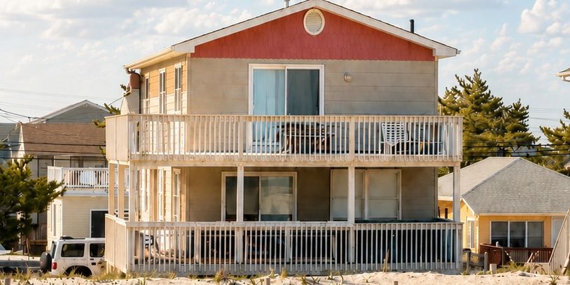 Beach house under a bright sky with fluffy clouds.