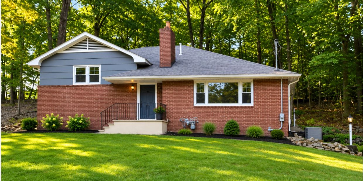 A brick house surrounded by lush green lawn and trees.