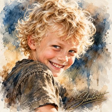 Smiling curly-haired boy in a watercolor-style portrait.