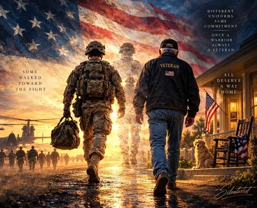 “Veteran and service member walking home beneath an American flag. 