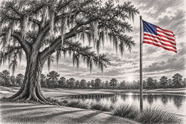 Black-and-white oak tree landscape with a full-color American flag beside the water.