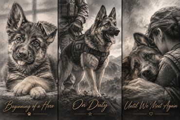 Image description:
Military K9 shown from puppyhood through service and farewell.