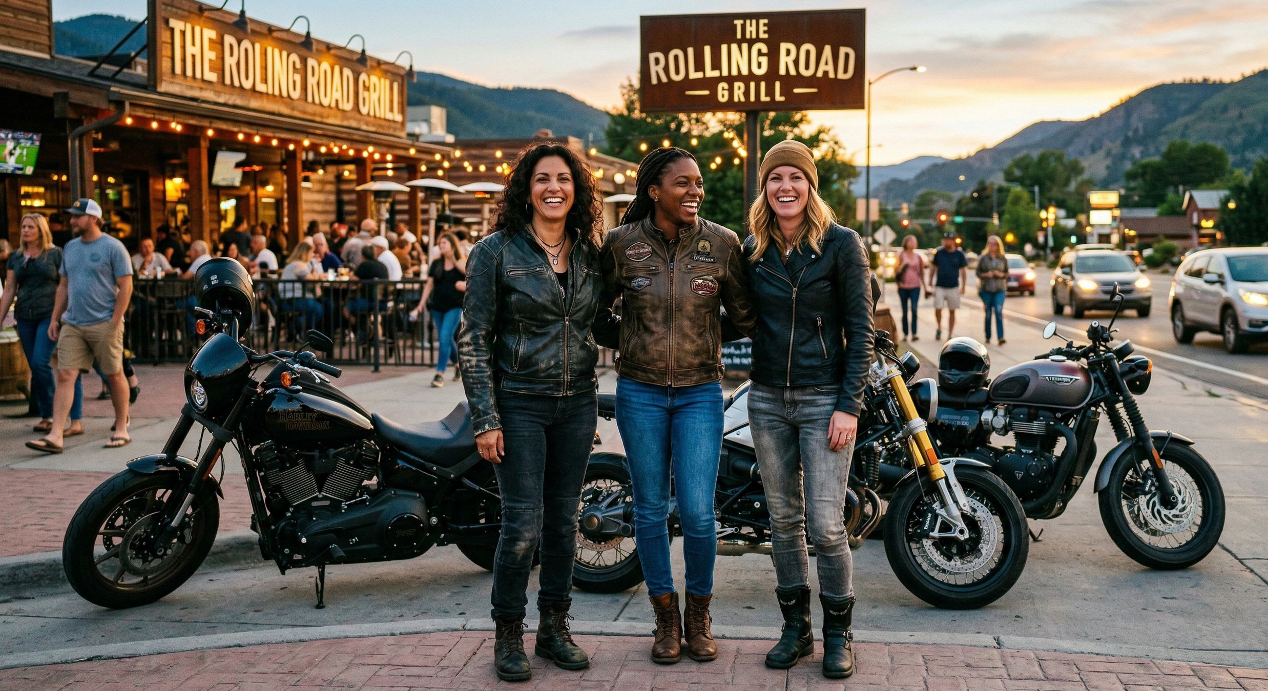 Three women in leather jackets smile in front of motorcycles outside The Rolling Road Grill.