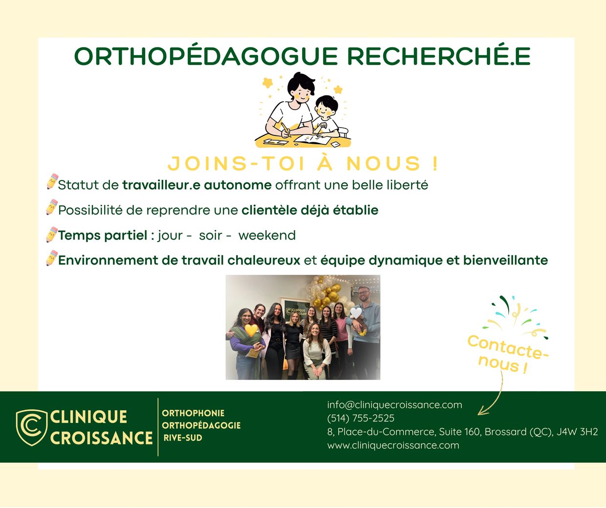 Annonce pour un poste d'orthopédagogue à la Clinique Croissance.