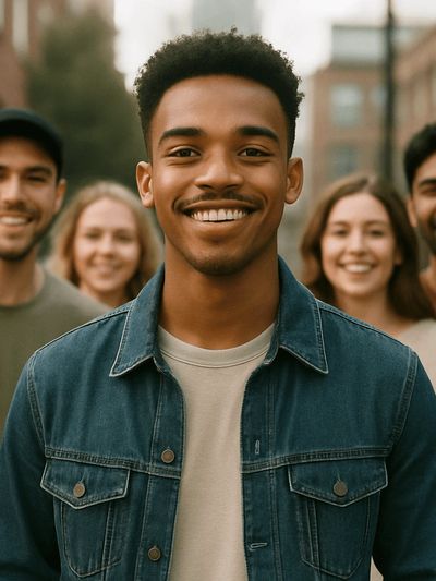 Confident young man smiling with friends after social anxiety and self-esteem counseling