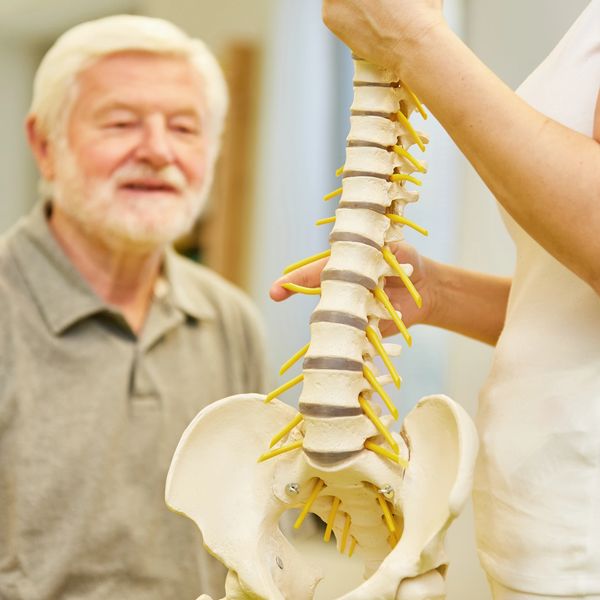 Physiotherapist explaining a back problem to a male patient by using a model of the spine