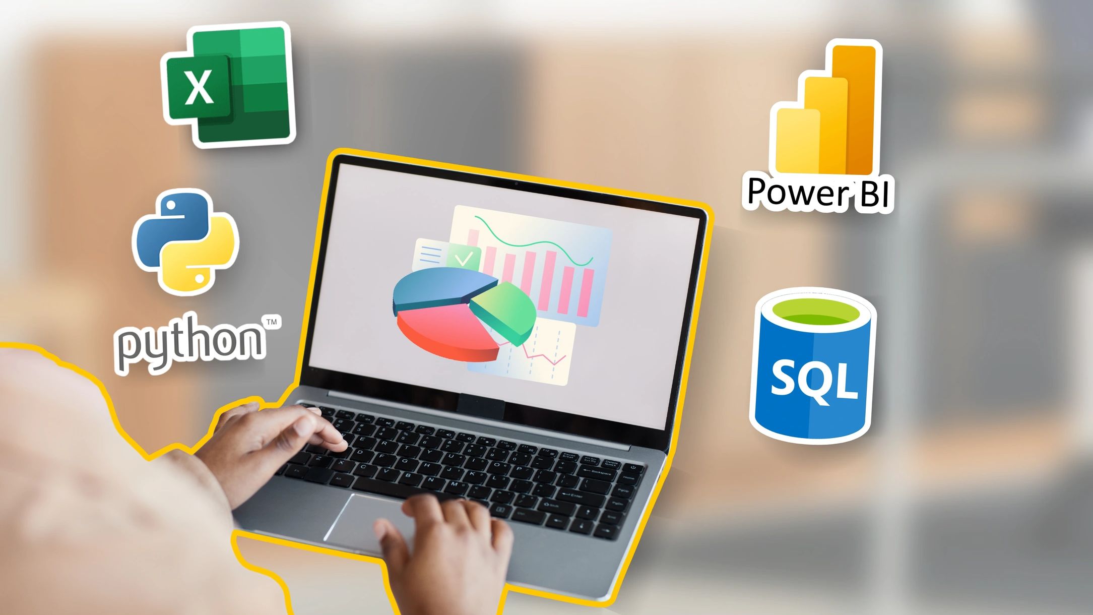 Person using laptop for data analysis with Python, Excel, Power BI, and SQL icons.