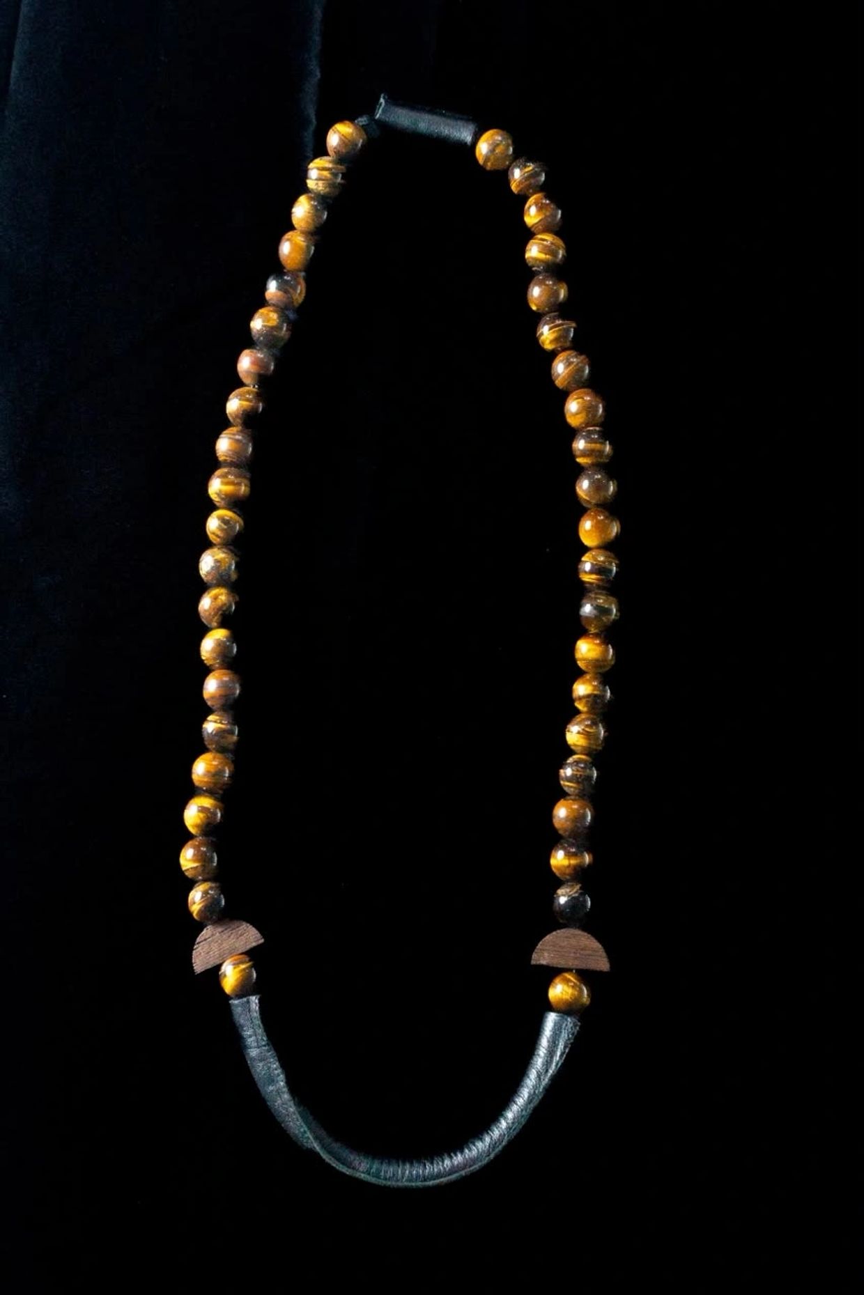 Natural tiger eye  gemstone, leather, metal and wood long necklace