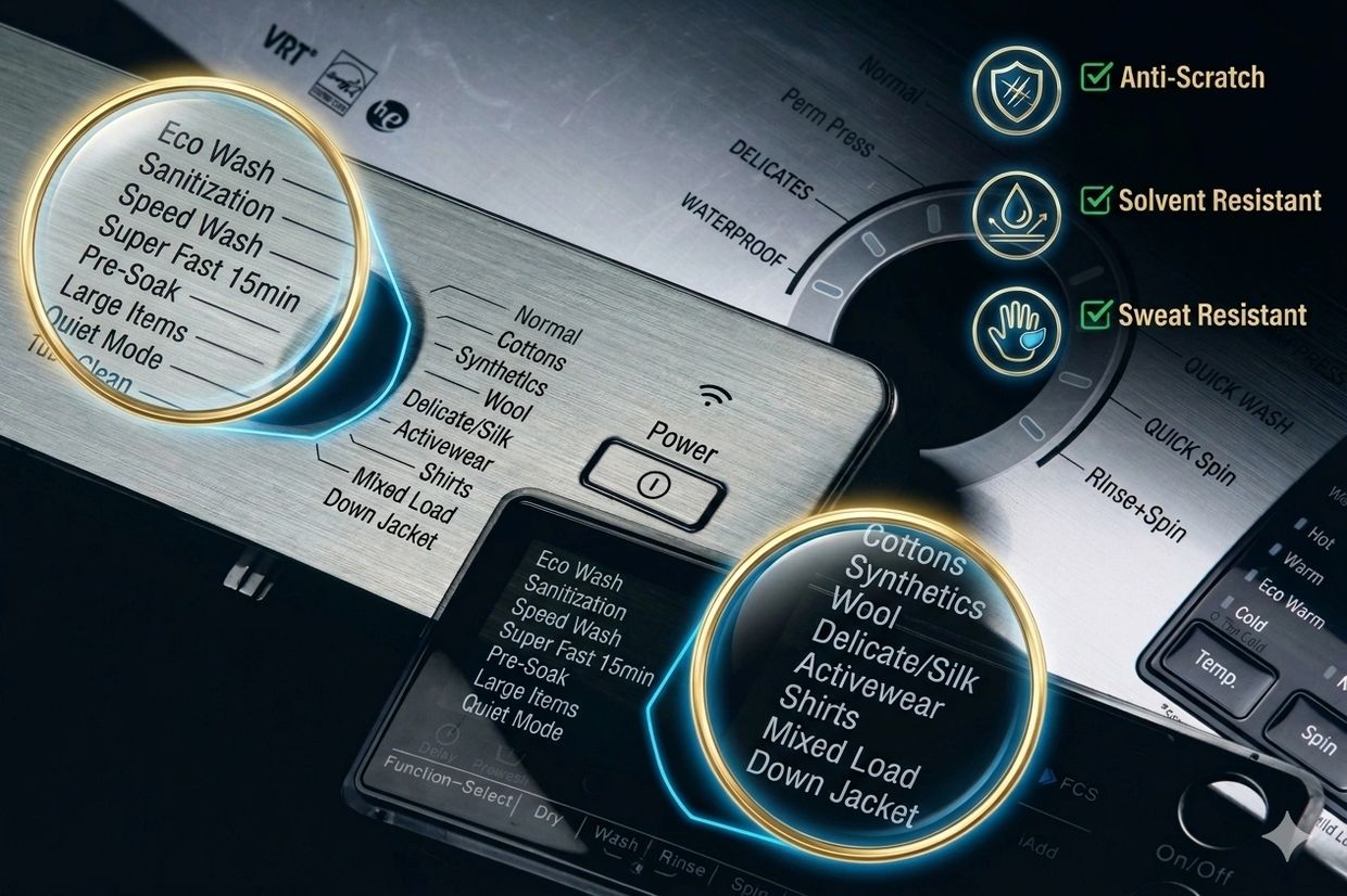 Washing machine control panel showing high-adhesion, scratch-resistant screen printing ink