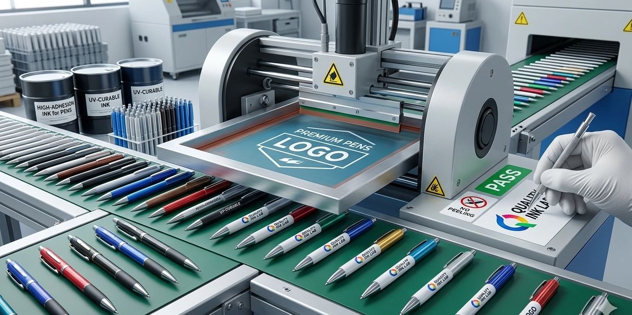 Automated pen screen printing line. Specialized high-adhesion, UV inks. Strict QC, no logo peeling.