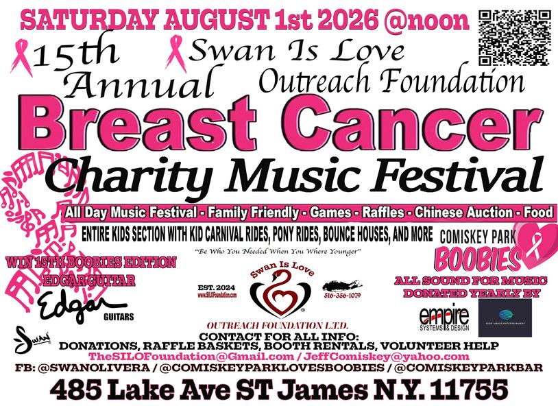 15th Annual Breast Cancer Charity Music Festival on August 1, 2026, at Comiskey Park, St James, NY.