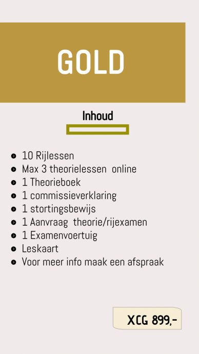 Gold driving package includes 10 lessons and theory materials for XCG 899.