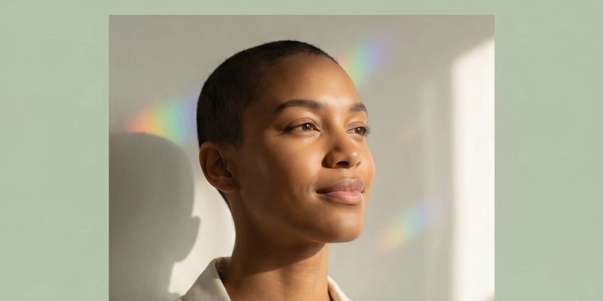 Woman with short hair bathed in soft sunlight and rainbow reflections.