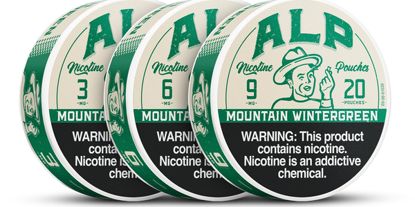 ALP Mountain Wintergreen nicotine pouches in 3mg, 6mg, and 9mg strengths – click for 10% discount