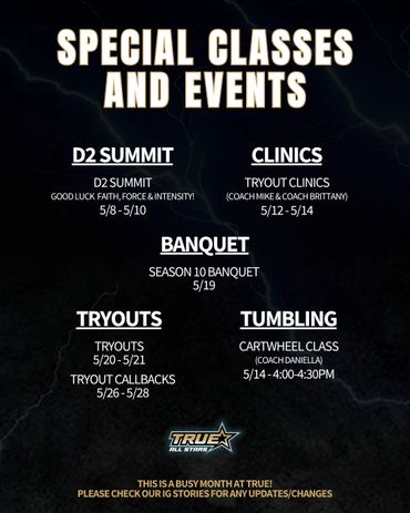 Schedule of special classes and events at True All Stars in May.