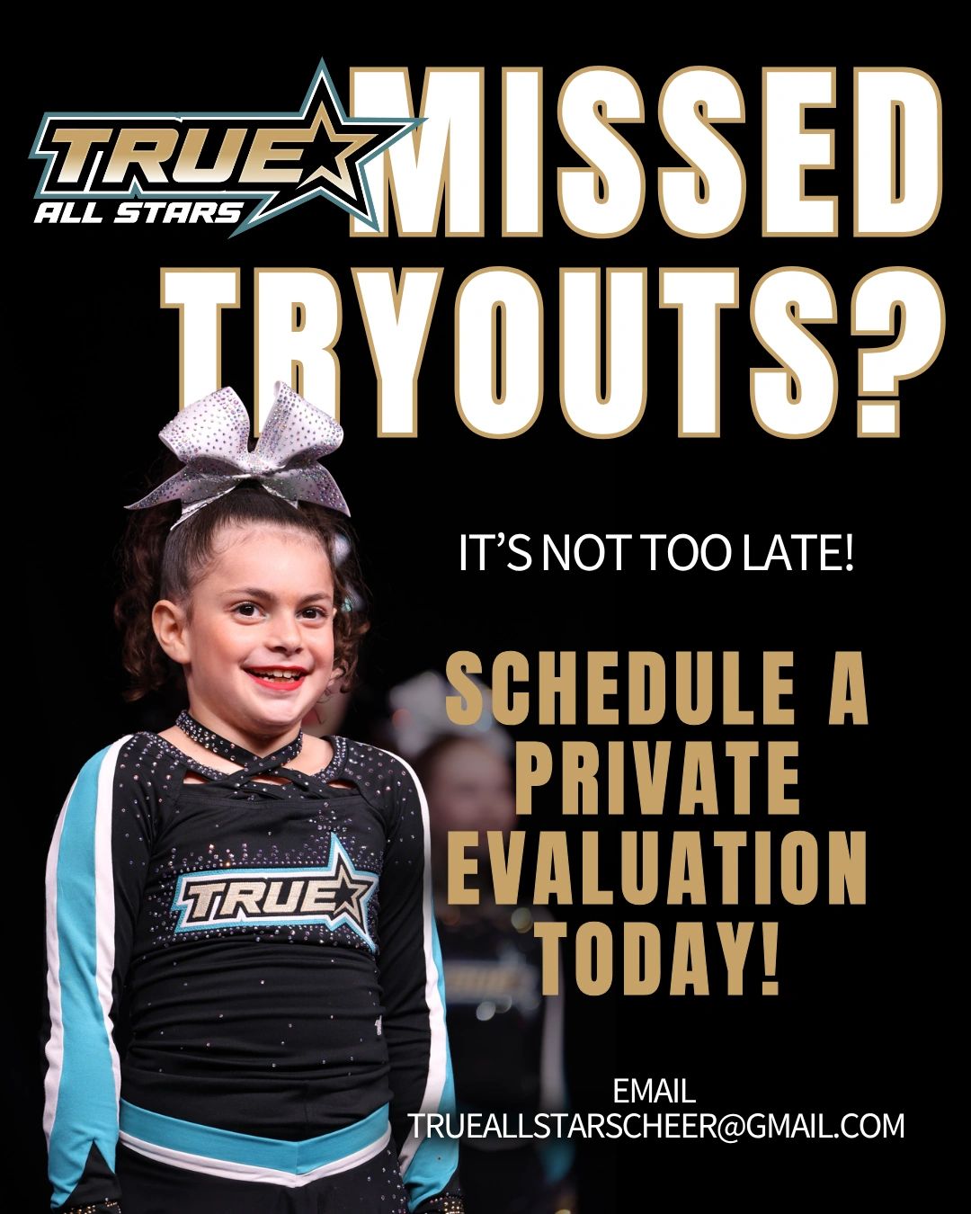 Cheerleading tryouts invitation with a smiling girl in uniform.