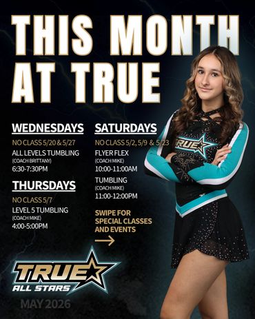 Cheerleading schedule and events for True All Stars in May 2026.
