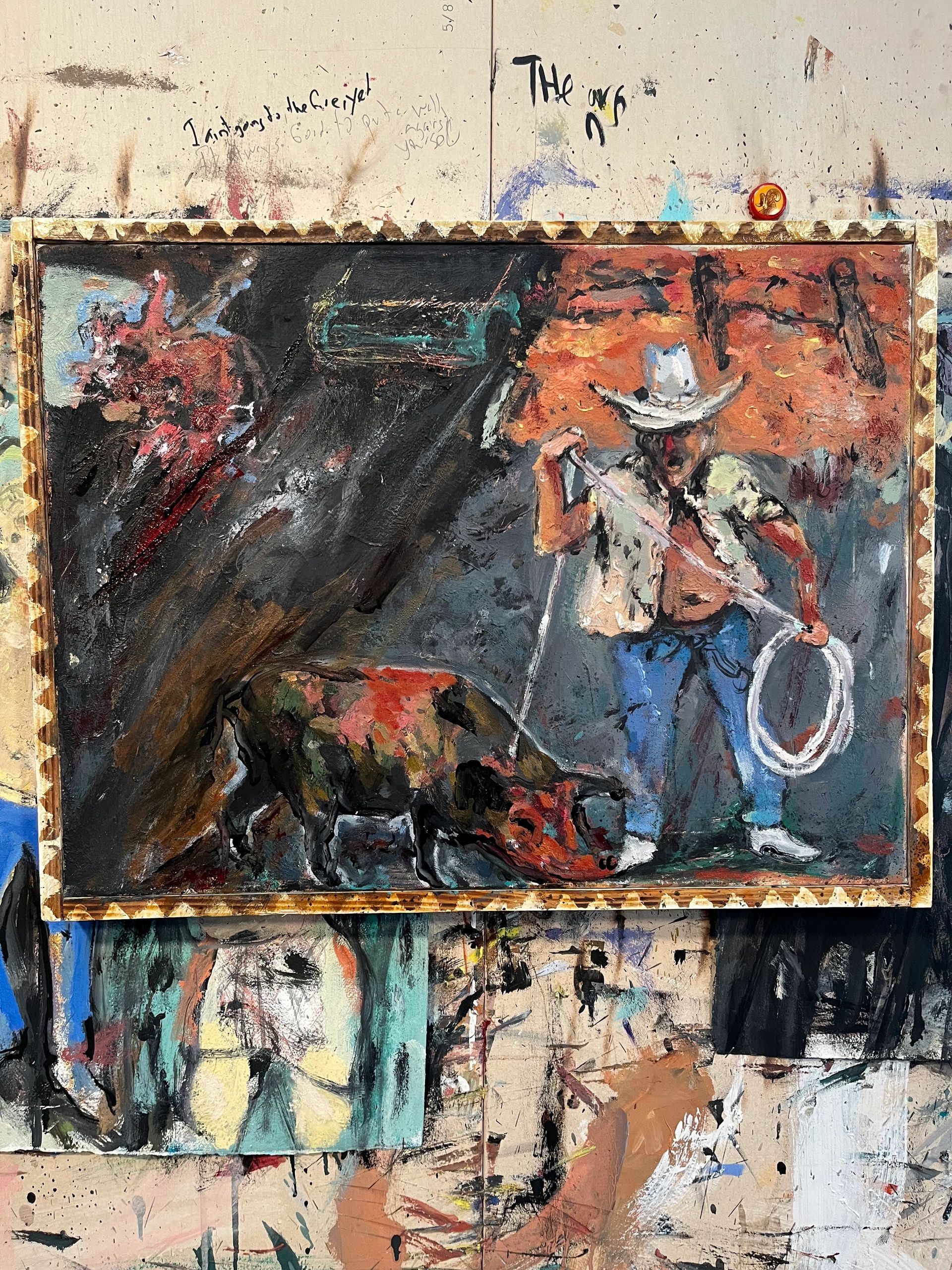 Abstract painting of a cowboy with a lasso and a bull against a fiery background.
