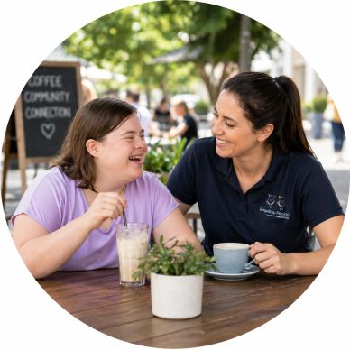 Two women enjoying coffee and laughter at an outdoor cafe.
