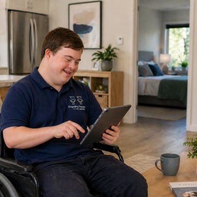 Young man in wheelchair using a tablet and smiling indoors.