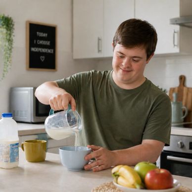 A young man pouring milk into a bowl in a kitchen.