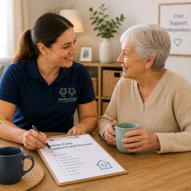 Caregiver consulting an elderly woman about home care services.