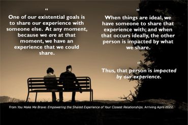 A couple sitting on a bench sharing a reflective quote about shared experiences and relationships.