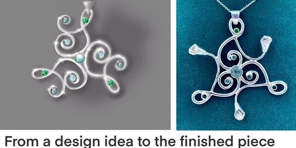Design drawing of a silver pendant and photograph of the finished pendant.
