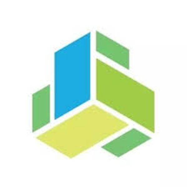 Abstract geometric logo with blue, green, and yellow shapes forming a cube.
