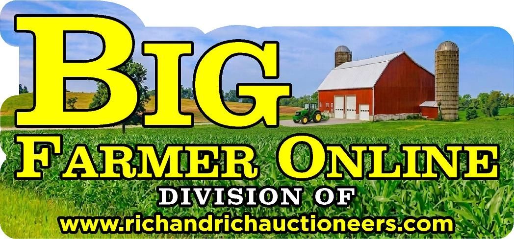 Big Farmer Online auction advertisement with farm scene.