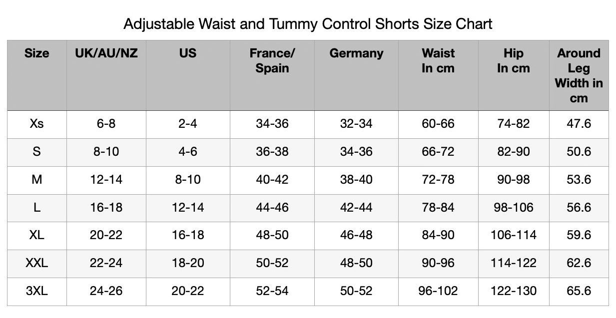 A size chart for Tummy control shorts