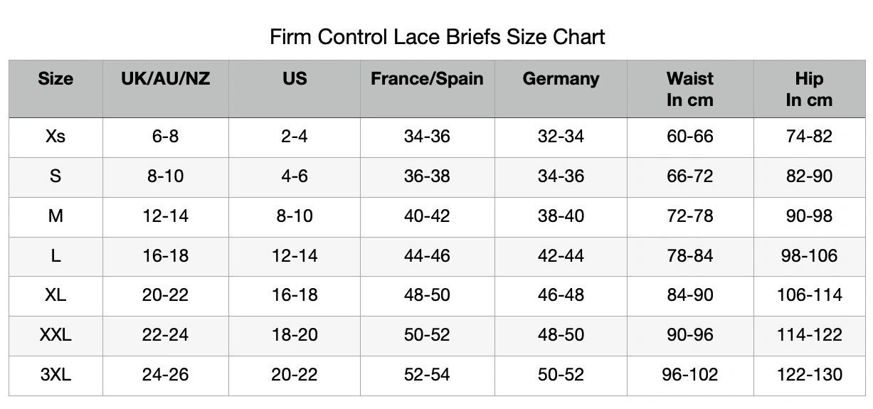 A size chart for Tummy control underwear