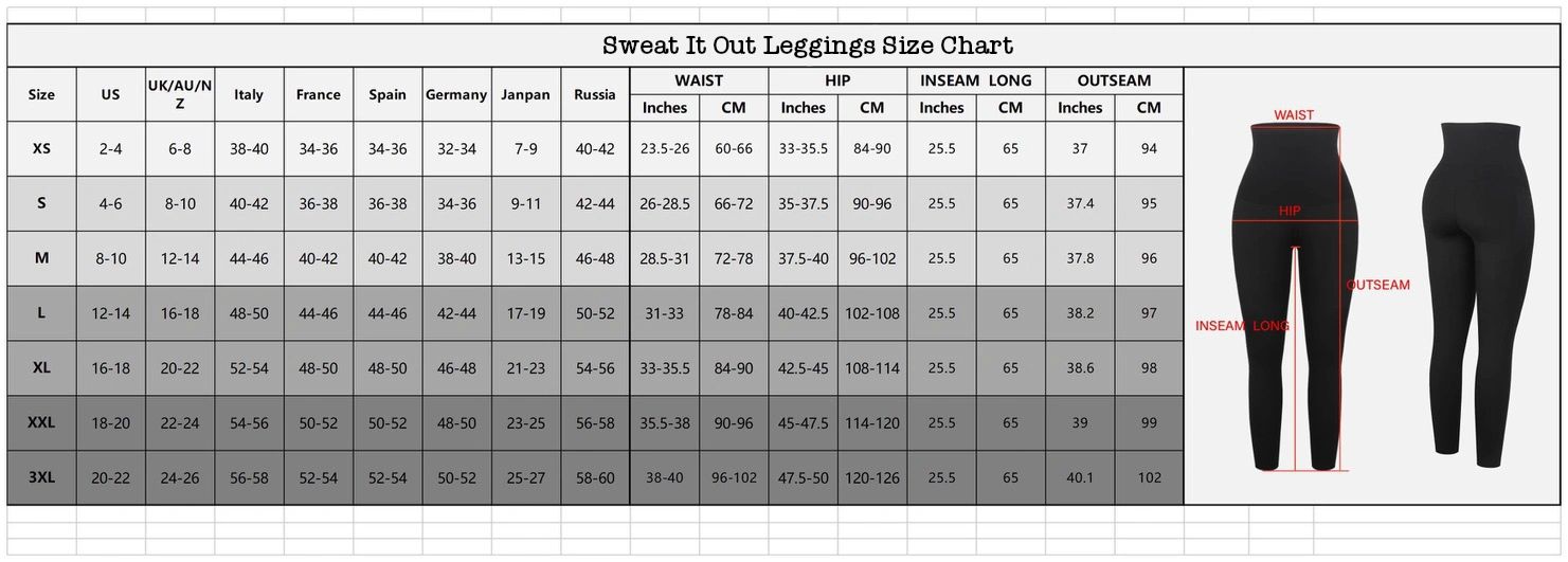 A size chart for Sauna leggings