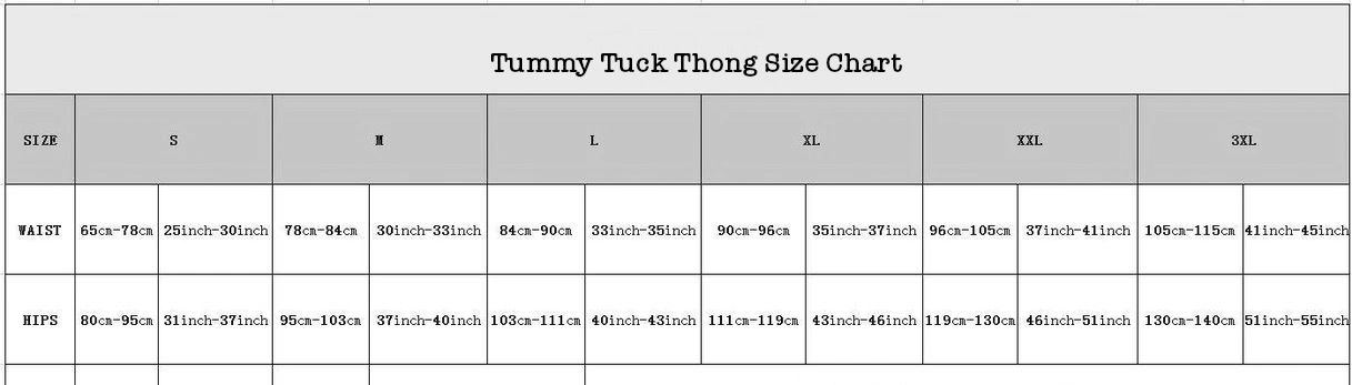 A size chart for Tummy control thong