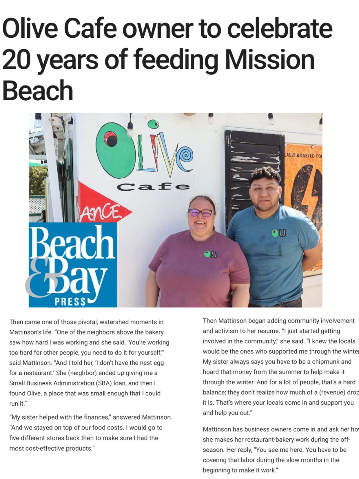 Olive Cafe 20 Year Anniversary in Mission Beach - Beach&Bay Press Article