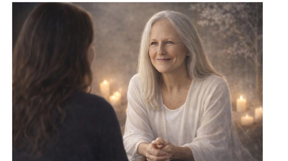 Two women engaged in a warm, intimate conversation with candles in the background.