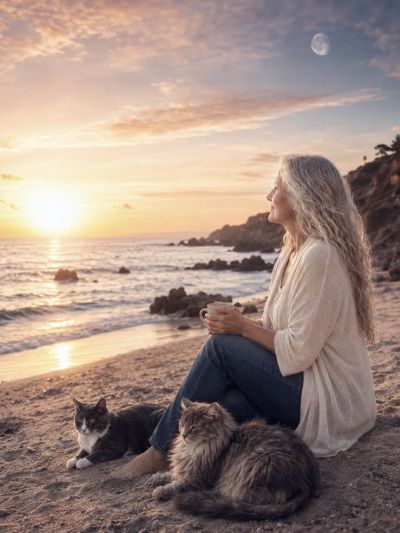 Woman with two cats enjoys a serene beach sunset, holding a cup.