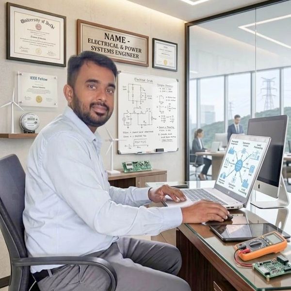Electrical engineer working at his desk with technical diagrams and computer.