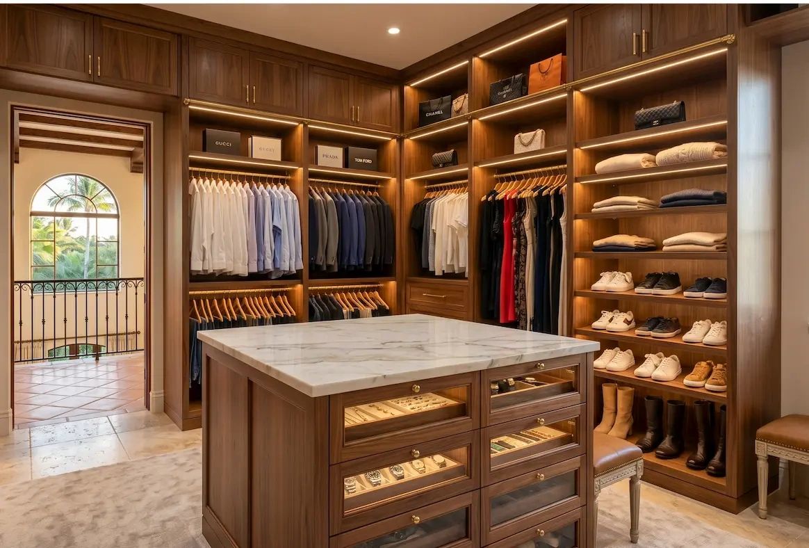 Luxury walk-in closet for a Rio Vista Isles waterfront home by M&M Renovations