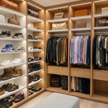 Custom closet renovation by M&M Renovations featuring organized shelving and drawer systems.