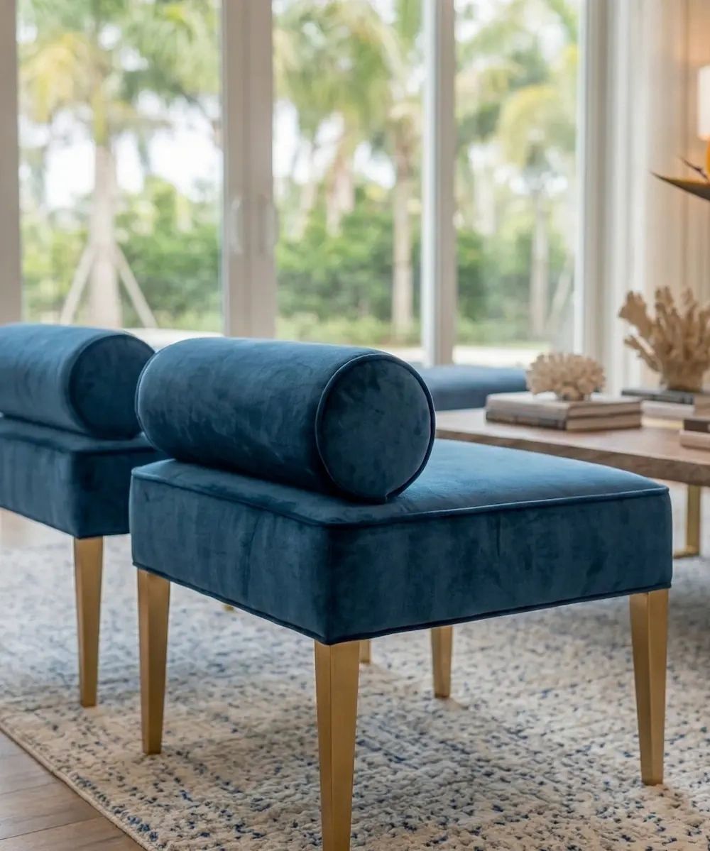 Luxury residential upholstery by M&M Renovations in South Florida - custom blue velvet seating