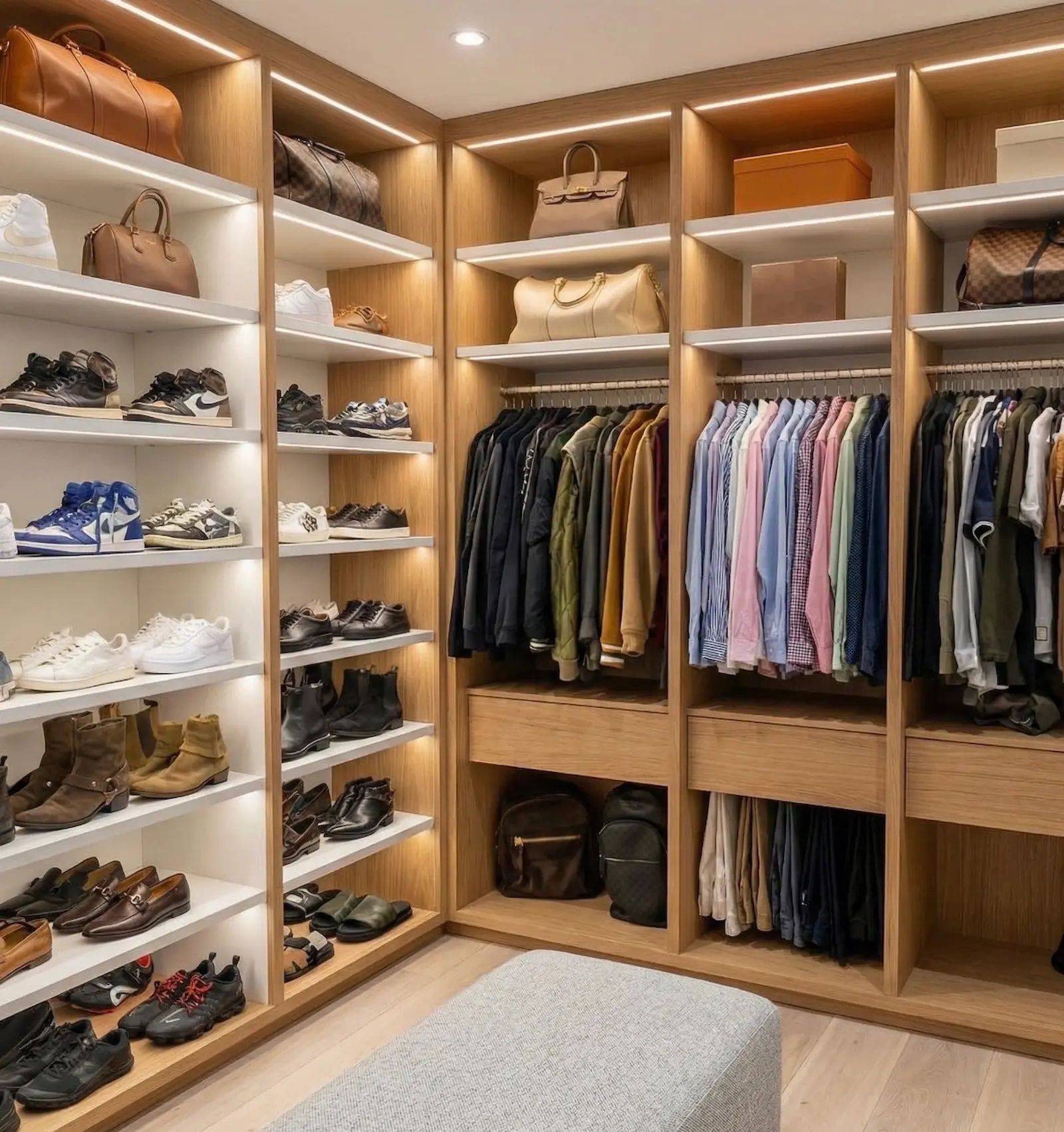 Luxury custom walk-in closet with handbag and shoe display by M&M Renovations in Ft Lauderdale, FL.