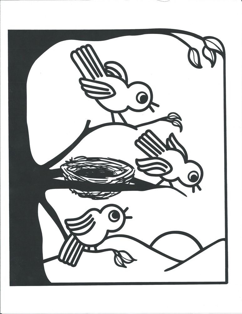 Black and white illustration of birds on a tree branch with a nest.