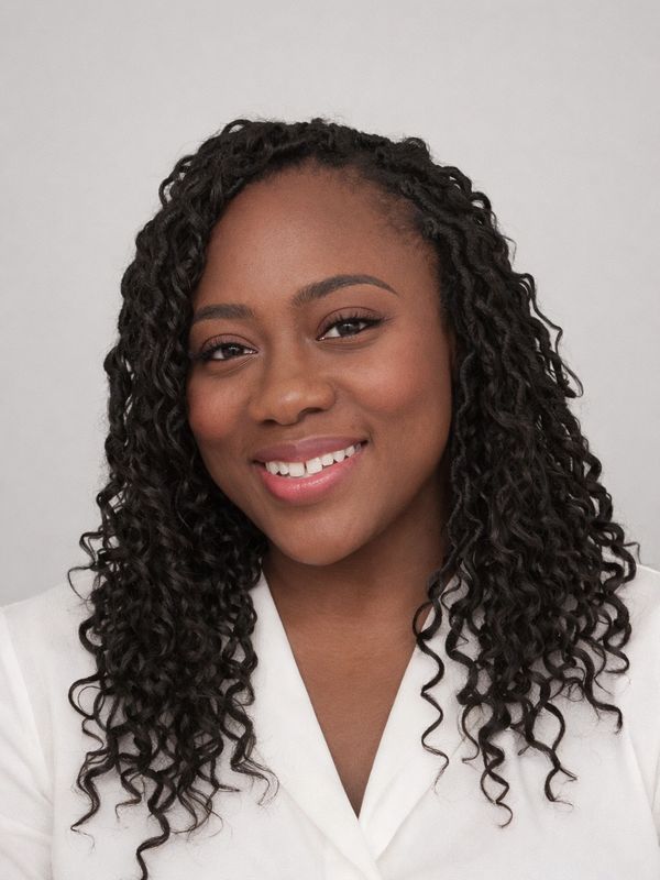 Smiling woman with curly hair wearing a white blouse.