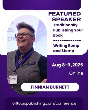 Conference speaker Finnian Burnett promoting book publishing and writing sessions.