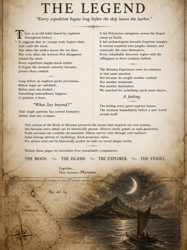 Ancient-style legend about exploration and discovery with a maritime map.
