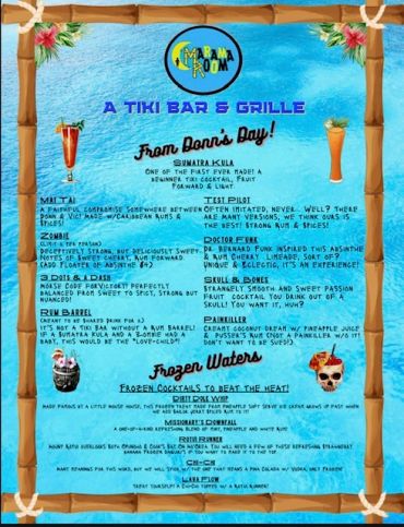 A colorful tiki bar cocktail menu framed with flowers and bamboo.