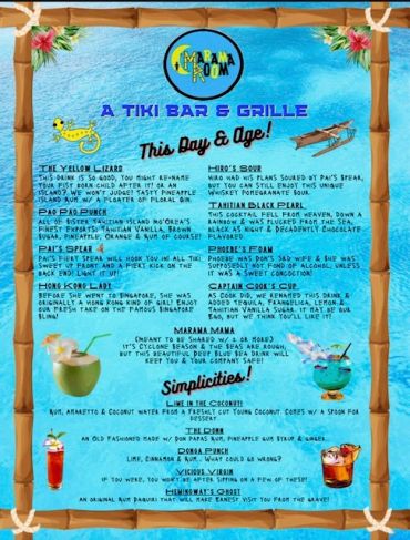 Tiki Bar &amp; Grille menu with tropical drinks and snacks.